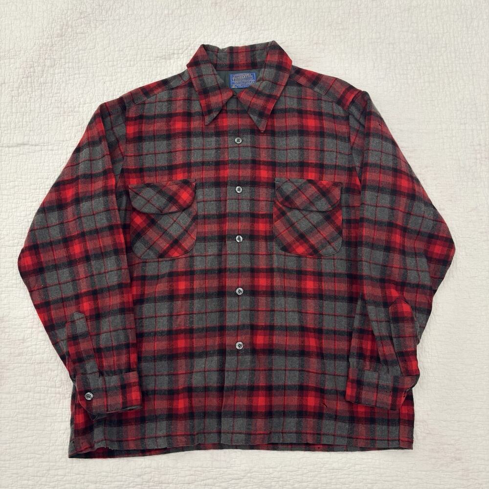 VTG Men’s Pendleton Board Shirt Loop Collar Plaid Virgin Wool size Large